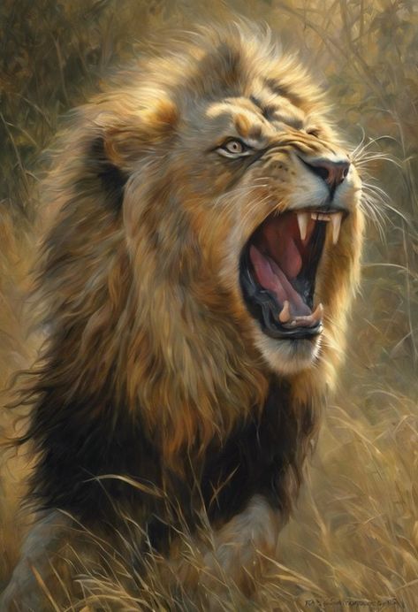 Majestic Lion Roar Check more: https://paintlyx.com/majestic-lion-roar/ Lion Oil Painting, Lion Roaring, Lion Roar, Majestic Lion, Gcse Art Sketchbook, Roaring Lion, Gcse Art, Character Reference, Art Styles