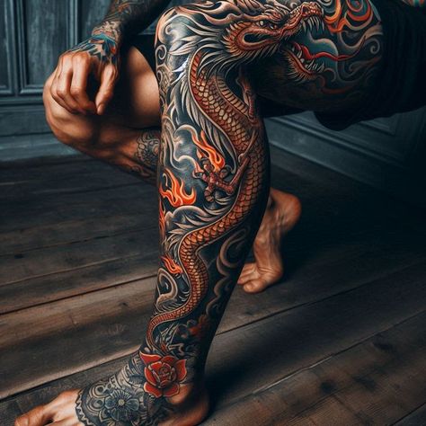 Japanese Leg Tattoos For Men, Dragon Leg Tattoo Men, Leg Tattoo Dragon, Dragon Leg Sleeve, Dragon Leg Tattoo, Japanese Leg Sleeve, 108 Tattoo, Dragon Tattoo Leg, Japanese Leg Tattoo