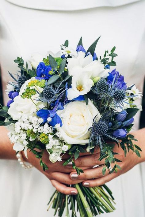 Blue Prom Flowers, Royal Blue Wedding Bouquet, Blue Bride Bouquet, Prom Flowers Bouquet, Blue Wedding Theme, Ivory Bouquet, Prom Bouquet, Wedding Flower Guide, Most Pinned