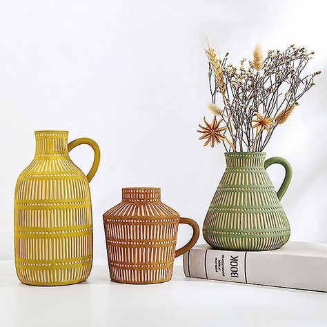 LIZOFER Ceramic Vase Set of 3 for Living Room Bedroom Modern Yellow Brown Green Fake Flower Plant Vases for Home Decor Office Centerpieces Antique Retro Rustic Farmhouse Vintage Classic Gift Plant Vases, Farmhouse Vase, Brown Vase, Yellow Vase, Farmhouse Vintage, Fake Flower, Clay Vase, Plant Vase, Bedroom Modern