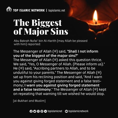The Messenger of Allah (ﷺ) said, ❝Shall I not inform you of the biggest of the major sins?❞ The Messenger of Allah (ﷺ) asked this question thrice. We said, ❝Yes, O Messenger of Allah. (Please inform us).❞ He (ﷺ) said, ❝Ascribing partners to Allah, and to be undutiful to your parents.❞ ... [al-Bukhari and Muslim] #topislamic #hadith #prophet #sin #associate #Allah #tawheed #parent #forge #statement #islam #muslim #believer Major Sins In Islam, We Said Yes, Prophet Mohammed, Islamic Teachings, The Messenger, Parenting, Quick Saves