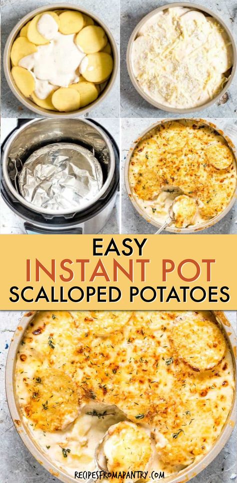 These Best Easy Instant Pot Scalloped Potatoes are the perfect make ahead decadent side dish or main. The potatoes are cooked to tender perfection in a creamy, cheesy sauce with a golden crunchy top. Check out how to make these cheesy scalloped potatoes in the Instant Pot, oven or crockpot. #instantpot #instantpotrecipes #scallopedpotatoes #homemadescallopedpotaoes #easycheesyscallopedpotatoes #dauphinoisepotatoes #cheesypotatoes #crockpotscallopedpotatoes #potatoes Instant Pot Cheesy Scalloped Potatoes, Instant Pot Potato Side Dishes, Instant Pot Scalloped Potatoes Easy, Insta Pot Scallop Potatoes, Instapot Scallop Potatoes, Ninja Foodi Scalloped Potatoes, Scalloped Potatoes Instant Pot, Scallops Potatoes, Entre Recipes