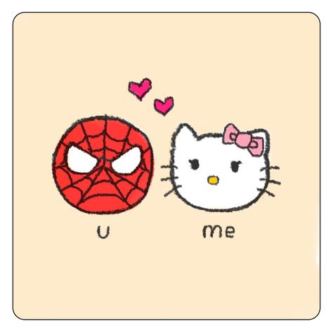 Couple Widget, Hello Kitty Relationship, Spiderman Bf Hello Kitty Gf, Spider Man Bf Hello Kitty Gf, Cat Couple Doodle, Two Cats In Love Doodle, Romantic Drawing, Cute Notes, Widget Icon