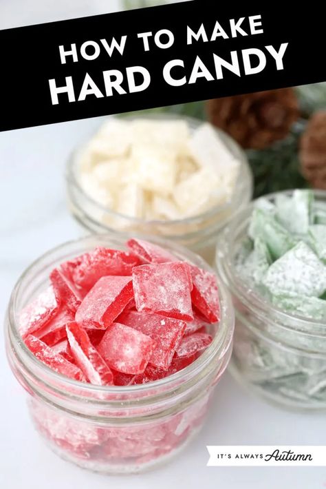 Learn how to make hard candy in your favorite flavors with this easy to follow recipe. You don't even need a candy thermometer! It's simple enough that your kids can help make it, and the finished candy makes a great gift. Food To Make To Sell, Homemade Candies For Christmas, Christmas Hard Candy Recipes, Hard Tack Candy Recipe, Candy Making Recipes, Easy Bake Sale Treats, Hard Candy Recipe, Grinch Food, Rock Candy Recipe