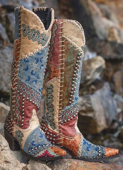 Stunning western tall boots | boho shoes | cowboy boots | patchwork | bohemian fashion ... Tall Western Boot, Cowgirl Magazine, Semi Annual Sale, Blow Out, Heel Caps, Leather Pulls, Rubber Heels, Short Boots, Cowgirl Boots