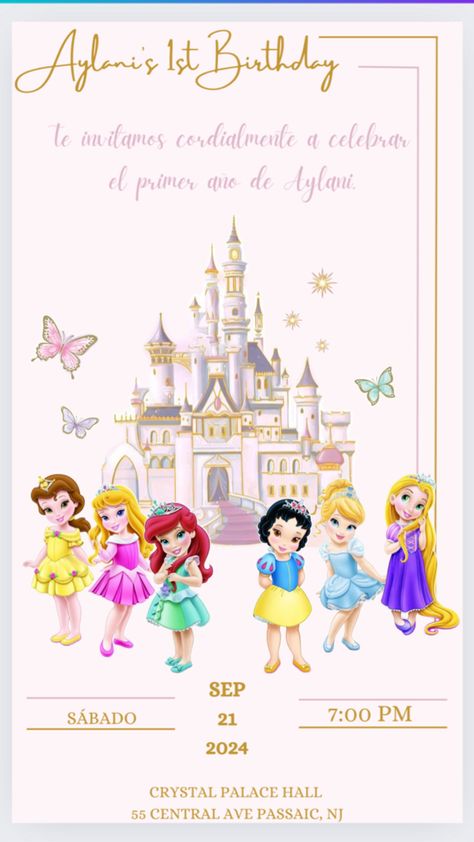 Princess Disney invitation Disney Invitation, Disney Princess Invitations, Princess Birthday Party Invitations, Month Ideas, Disney Princess Babies, Disney Princess Cake, Princess Theme Birthday, Princess Theme Birthday Party, Princess Birthday Invitations