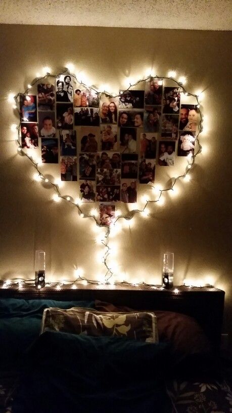 Photo Wall Collage With Lights, Heart Fairy Lights, Clear Christmas Lights, Polaroid Room, Heart Photo Walls, Fairy Lights On Wall, Fairy Lights Photos, Photo Walls Bedroom, Mirror Decor Ideas