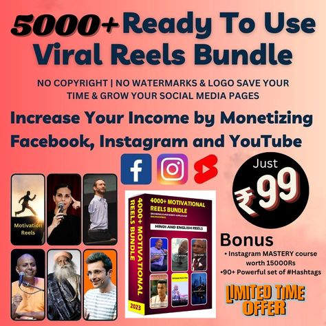 ⏰ 𝐋𝐀𝐒𝐓 𝐂𝐇𝐀𝐍𝐂𝐄! 𝐎𝐅𝐅𝐄𝐑 𝐄𝐍𝐃𝐈𝐍𝐆 𝐒𝐎𝐎𝐍 ⏰ One-time Payment.⏰ Get access to our 5000+ Ready to use Viral Reels Bundle🔥🔥 ⭐100% Life Time Access and Reselling Rights⭐ Grow Your Social Media and Start Making Passive Income Upto 50k to 80k per Month. ✅Ready-Made Reels Without logo & Watermark ✅Get an Instant Download Link & Lifetime Access ✅Ready to Post: Ready to Post on Social Media ✅ Time-Saving: Saves a lot of time for Creators Free Bonus ● Instagram MASTERY COUR Viral Posts Social Media, Grow Your Social Media, Logo Watermark, Viral Reels, Instagram Reels, Time Saving, Social Media Pages, Viral Post, Life Time