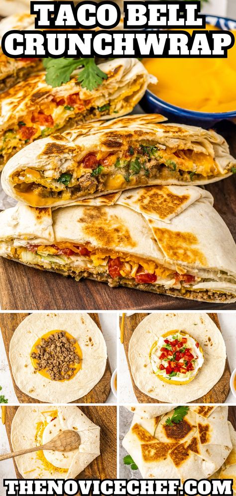 With this Taco Bell copycat recipe, you can enjoy a homemade crunchwrap supreme that is even better than the original! With seasoned ground beef, nacho cheese, lettuce, tomatoes, sour cream, and a crunchy tostada shell, this handheld dinner has everything you could want. Taco Bell Copycat Crunchwrap Supreme, Nacho Cheese Tacos, Crunchy Wrap Supreme Recipe, Crunchy Wrap Taco Bell, At Home Crunch Wrap Supreme, Copycat Crunchwrap Supreme, Taco Bell Crunch Wrap Supreme Copycat, Copycat Taco Bell Crunch Wrap, Crunch Wrap Supreme Recipe Video