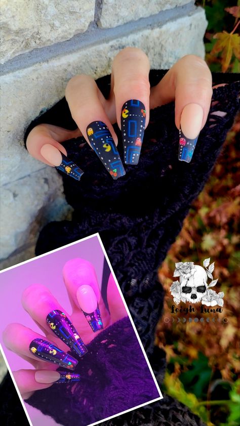 Arcade Carpet Nails, Pacman Nails, Neon Cartoon Nails, Neon Comic Nails, Pac Man Nails, Arcade Theme, Man Nails, Theme Nails, Arcade Claw Machine