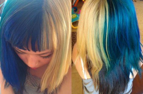 Blue Blonde Split Dye, Blonde And Blue Split Dye, Duo Tone Hair, Blue Split Dye, Split Dye, Split Dyed Hair, Dyed Blonde Hair, Diva Style, Duo Tone