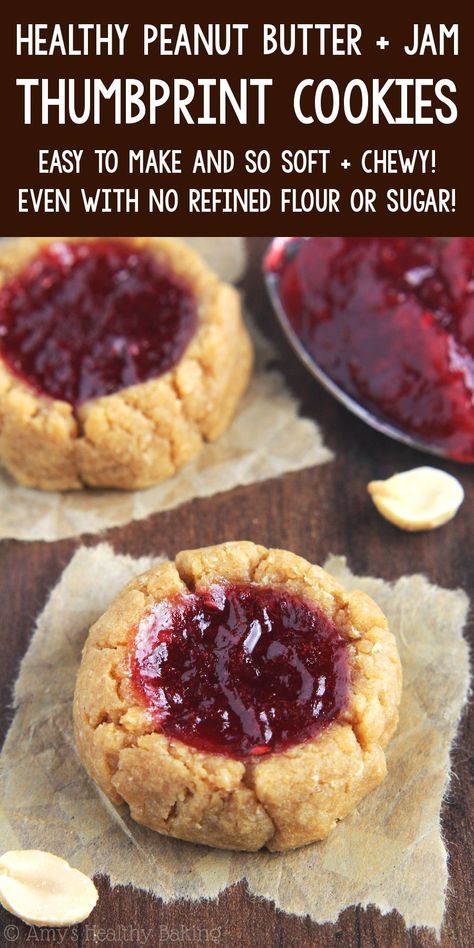 Peanut Butter Jelly Cookies, Peanut Butter Thumbprint Cookies, Thumbprint Cookies Easy, Low Calorie Recipes Easy, Low Calorie Cookies, Healthy Peanut Butter Cookies, Jam Thumbprint Cookies, Soft Peanut Butter Cookies, Jelly Cookies