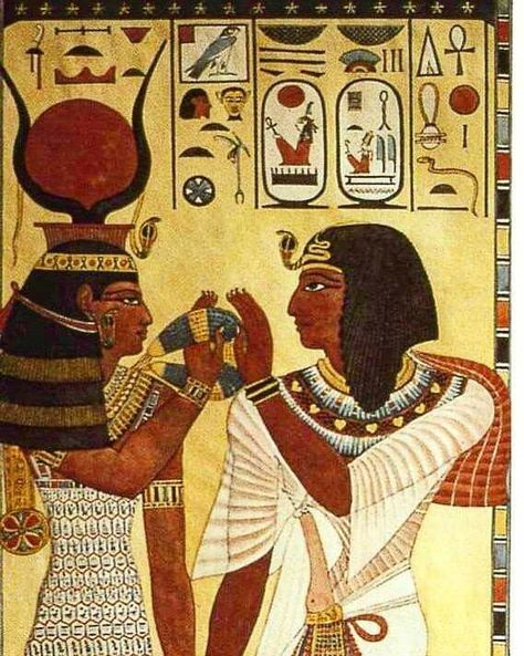 Goddess Hathor offers her necklace to the Pharaoh SETI 1 Egyptian Goddess Costume, Ancient Egypt Aesthetic, Queen Nefertari, Egyptian Aesthetic, Goddess Hathor, Ancient Egypt Gods, Egypt Aesthetic, African Arts, Egyptian Inspired