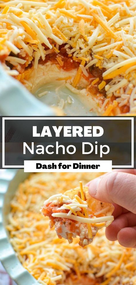 This layered nacho dip with cream cheese is the ultimate appetizer for a party, and SO easy to make. This classic cold dip recipe contains just 5 simple ingredients and can be served cold or baked - it’s totally up to you! Cheese And Salsa Dip, Layered Nacho Dip, Cream Cheese Salsa Dip, Cold Dip Recipes, Layered Dip Recipes, Nacho Dip, Cream Cheese Dips, Salsa Dip, Dip Recipes Easy