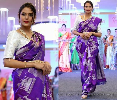 White Blouse With Saree, White Blouse Designs, Kanchi Silk Sarees, Saree White, Kanchi Pattu Sarees, Keep Me Stylish, Wedding Saree Blouse Designs, Purple Saree, Sari Blouse Designs