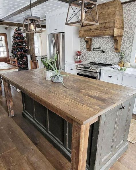 Embracing the Rustic Charm: Farmhouse Kitchen Design Ideas Uneven Kitchen Island, Farm Kitchen Island Ideas, Large Rustic Kitchen Island, Island With Farmhouse Sink And Dishwasher, Rustic Kitchen Island Table, Horseshoe Kitchen Island, Large Rustic Kitchen Island With Seating, Barndominium Kitchen Island, Rustic Farmhouse Island Kitchen