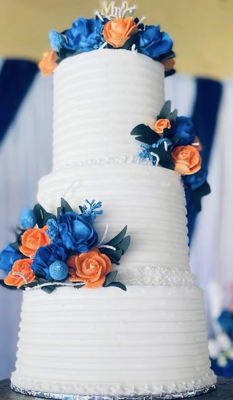 Navy And Orange Wedding Centerpieces, Navy Blue And Orange Wedding Cake, Navy Blue And Burnt Orange Wedding Cake, Orange And Blue Wedding Cake, Blue And Orange Cake, Royal Blue And Orange Wedding, Wedding Cake Dusty Blue, Chilanga Mulilo, Royal Blue Wedding Cakes