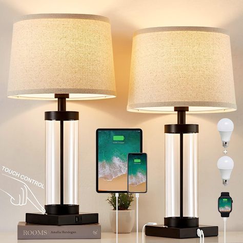 $69.99 Night Stand Lamps Master Bedrooms, Modern Table Lamps Bedroom, Night Stand Lamps, End Tables Modern, Lamps For Bedrooms, Modern Night Stand, Glass Bedside Lamps, Bedside Lamps With Usb, Bedroom Lamps Nightstand