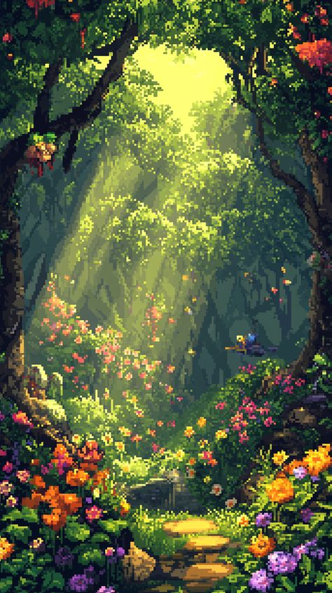 A vibrant pixel art scene depicting a mystical forest with pixelated trees, bright flowers, and whimsical creatures, bathed in soft sunlight. --no text Cool Pixel Art Wallpaper, Pixelated Landscape, Pixel Wallpapers, Cool Backdrops, Pixel Art Landscape, Pixel Art Background, Cool Pixel Art, Fantasy Background, Art Forest