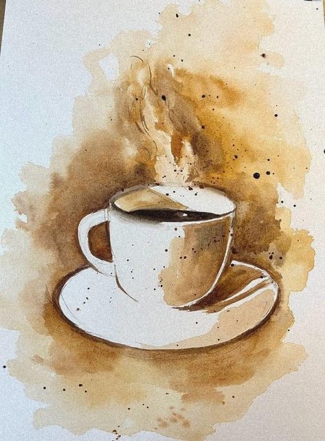 Coffee Cup Watercolor Painting, Coffee Cup Art Paintings, Coffee Painting Ideas Easy, Coffee Cup Painting, Watercolor Coffee Cup, Painting With Coffee, Coffee Art Drawing, Tea Painting, Coffee Art Painting