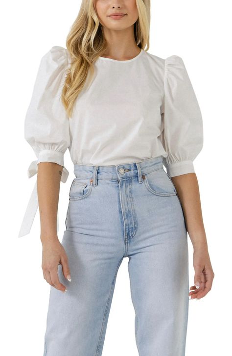 English Factory Bow Banded Puff Sleeve Blouse | Nordstrom Puffy Hands Blouse, Balloon Hands Blouse, Puffy Sleeve Top Outfit, Balloon Sleeves Blouse, White Puff Sleeve Top, English Factory, Balloon Sleeve Top, Blouse Nordstrom, Top Pants Set