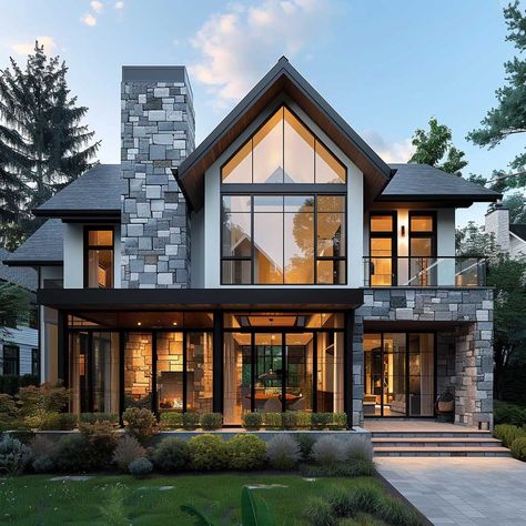 Modern Lake Home Exterior, Flagstone House Exterior, Three Story House Design, Glass Facade House, Modern Country Home Exterior, Single Story Home Exterior, English Style Home Exterior, Modern Cottage Homes Exterior, Country Modern House