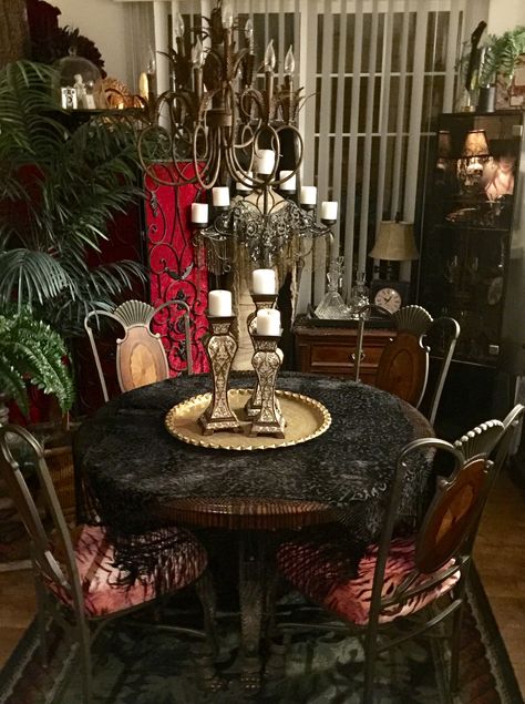 Gothic Dinning Room Ideas, Gothic Dining Table Decor, Dark Vintage Dining Room, Goth Dining Table, Whimsical Goth Kitchen, Grunge Dining Room, Whimsigoth Dining Room, Witchy Dining Room, Gothic Cafe