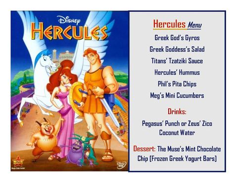 Disney Movie Themed Dinner, Family Movie Night Themes, Disney Movie Night Menu, Hercules Movie, Disney Themed Movie Night, Disney Movie Night Food, Pixar Studios, Disney Movie Night Dinner, Disney Themed Food