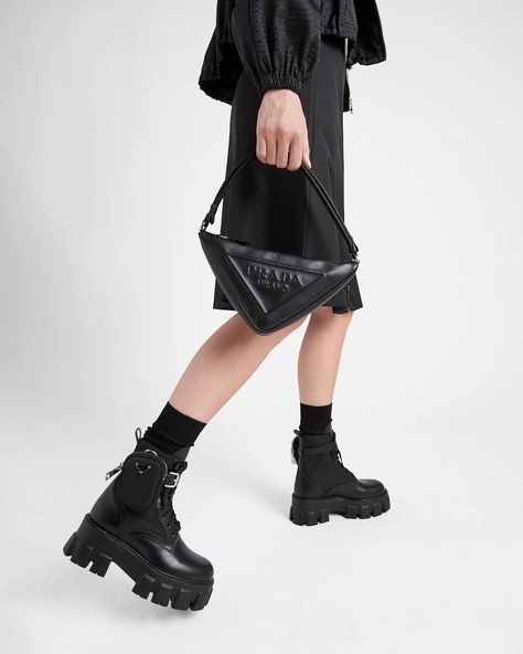 Prada Boots Outfit, Boots With Pouch, Prada Monolith Boots, Prada Monolith, Industrial Fabric, Fabric Boots, Womens Fashion Edgy, Women Street, Triangle Logo