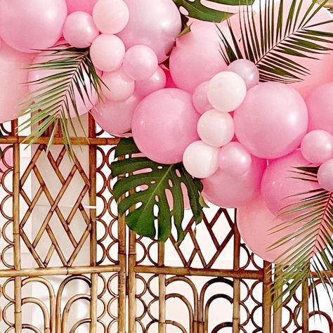 Palm Spring Party, Palm Beach Bachelorette Decor, Tropical Wedding Balloon Arch, Palm Royale Party, Palm Spring Theme Bachelorette, Palm Beach Bachelorette, Bachelorette Palm Springs Decor, Palm Leaf Bachelorette Party, Pink Tropical Balloon Garland