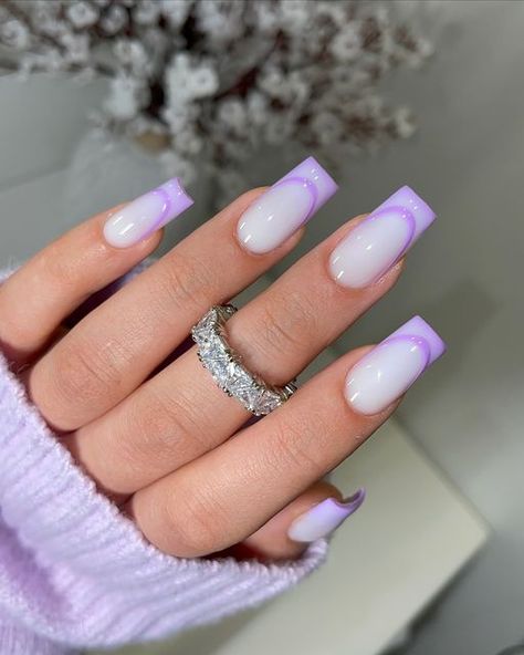 LN Nailed It | Elegant and Cute Nails  ALL PRODUCTS FROM LNNAILEDIT.COM - RUBBER BASE 006 snow white - SQUARE MEDIUM - PURPLE FROM ALL YOU NEED SPRNG -... | Instagram Nails White Purple, White Nails With Purple French Tip, Purple On Purple Nails, Purple Medium Nails, Light Purple Square Nails, Nails White And Purple, White And Lavender Nails, White Nails With Purple, White Purple Nails