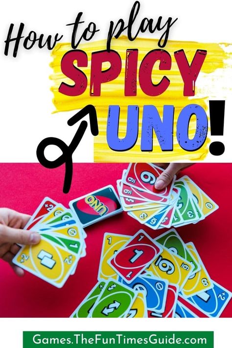 How To Play Spicy UNO - Have you played Spicy UNO yet? It's a clever UNO card game variation that's great to play with lots of people. Spicy UNO rules are similar to regular UNO game rules, with a few (really fun!) twists. Here's how to play Spicy UNO at your next game night. #spicyunorules #unodrinkinggame #unovariations Games To Play With Uno Cards, Cards Games For Adults, Uno Game Ideas, Spicy Uno Rules, Strip Uno Rules, How To Play With Your 🐱, Uno Blank Wild Card Ideas, Uno Game Rules, Uno Wild Card Ideas