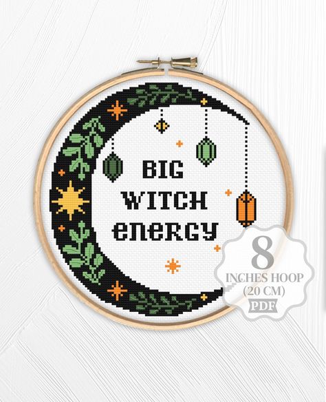 Witchy Moon with stars and crystals Cross stitch pattern PDF for instant download. Summer or Autumn embroidery design for beginners. Title: 322 Big witch energy Pattern size: 105h x95w stitches It is 7.6" x6.8" or 19.2 x17.2 cm for 14-count canvas Hoop: 8" or 20 cm DMC embroidery floss (5 colors) You will receive: *Colorful symbols chart *Description *Floss list Please feel free to ask me details about this design! Thank you!  I'll appriciate for share my listings at social media. Cross Stitch Crystal, Moon Cross Stitch Pattern Free, Cross Stitch Patterns Beginner, Witchy Cross Stitch Patterns, Witchy Cross Stitch, Witchy Designs, Witch Energy, Witch Cross Stitch Pattern, Moon Cross Stitch Pattern