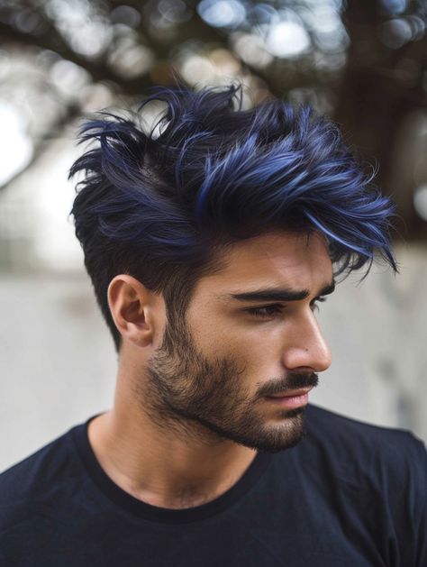 Discover 28 Bold Mens hair color blue Ideas from Sky Highlights to Midnight Blue Tones Dark Blue Hair Color Men, Navy Blue Hair Men, Midnight Blue Hair Men, Blue Hair Color For Men, Men Hair Color Ideas, Men Colored Hair, Dark Blue Hair Men, Mens Dyed Hair Ideas, Man Hair Color