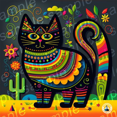 Witch Cat Svg | Etsy Mexican Art Traditional, Mexican Art Decor, Mexican Folk Art Decor, Mexican Art Painting, Mexican Print, Mexican Folk Art Painting, Mexican Artwork, Mexican Kitchen Decor, Mexican Kitchen