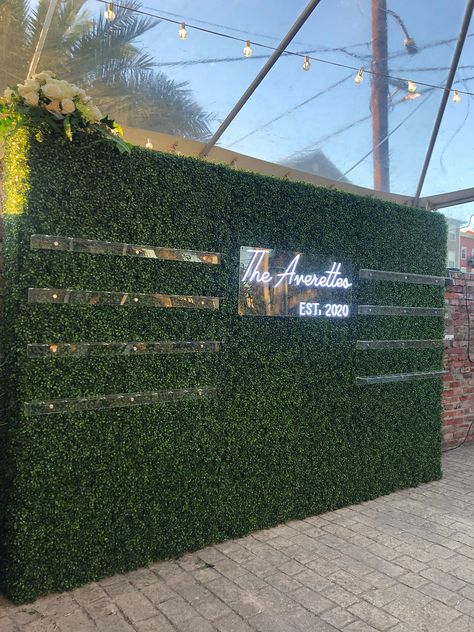 hedge wall Boxwood Wall Wedding, Champagne Walls, Candle Backdrop, Boxwood Wall, French Arch, Antique Mantle, Hedge Wall, Barn Backdrop, Neon Signage