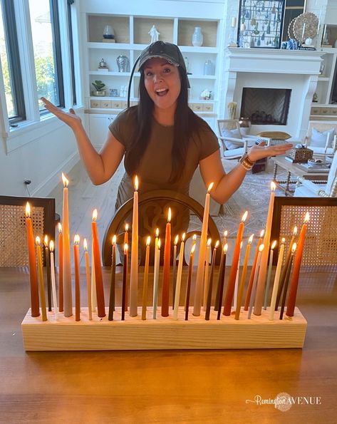 Wooden Candle Holder Centerpiece, Wooden Candle Centerpieces, Wooden Candle Block, Wood Block Taper Candle Holder, Birthday Candle Holders Diy, Wood Block Candle Holder Diy, Colorful Candle Centerpieces, Candle Board Diy, Diy Wooden Candle Holders