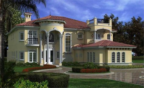 This image shows the front elevation of these Luxury house plans. A Luxury House, Luxury Mediterranean Homes, Glam House, Mediterranean Mansion, Mediterranean Architecture, House Design Exterior, Mediterranean Style Homes, American Interior, Garage House Plans