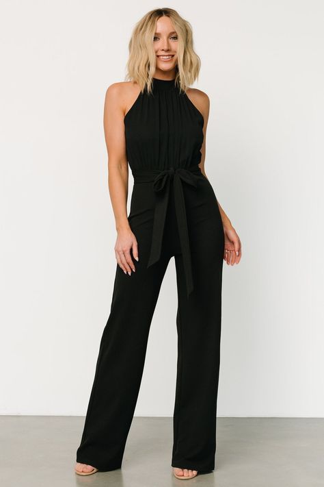 Erin Jumpsuit | Black Black Pants Suit Women, Gala Attire, Black Pant Suit, Feel Powerful, Waist Sash, Green Jumpsuit, Chiffon Material, Jumpsuit Black, Pant Style