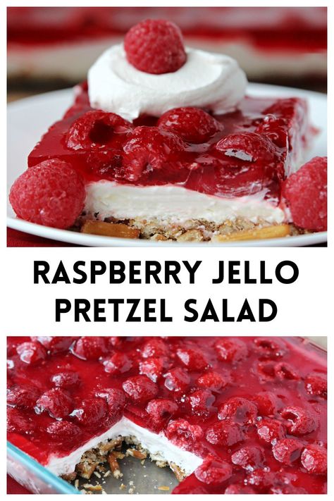 This Raspberry Jello Pretzel Salad is the perfect easy dessert to serve year-round! Made with a buttery salty pretzel crust, a creamy filling, and topped with a layer of frozen raspberries with raspberry jello. The perfect tasty dessert for a party or potluck! #pretzelsalad #jellopretzelsalad #raspberryjellopretzelsalad Dessert For A Party, Jello Pretzel Salad, Raspberry Jello Salad, Raspberry Pretzel Salad, Pretzel Jello, Raspberry Jello, Jello Cheesecake, Pretzel Desserts, Layered Jello