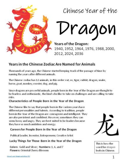 Printable Children’s Activity Sheets for the Chinese New Year: "Year of the Dragon" - Holidappy Mandarin Words, Dragon History, Zodiac Years, Wake Forest University, Dragon Crafts, Chinese Year, Chinese Words, Fact Sheet, Year Of The Dragon