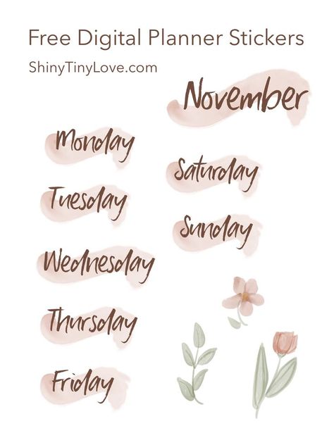 Image of digital stickers with days of the week and flowers in a rose gold theme. Digital Planner Stickers Flowers, Month Stickers Planner, Digital Bujo Stickers, Month Stickers Planner Free Printables, Cute Digital Stickers Free, Calendar Stickers Printable Free, Monthly Stickers Planner, Goodnotes Digital Stickers Free, Stickers For Good Notes Free