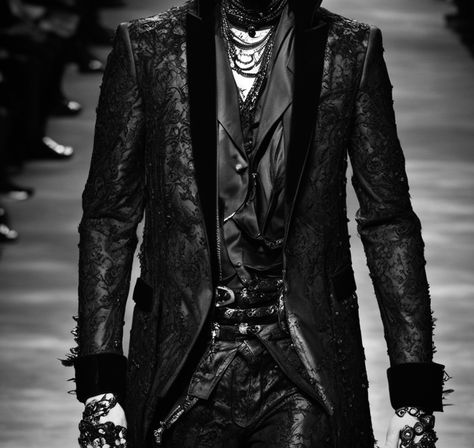 Ai mens goth runway fashion style outfit. Detailed suit. #fashion #runway #mensfashion #mensclothing #menswear #suit #blackandwhite #outfits #style #fancy #luxury Goth Runway Fashion, Goth Runway, Suit Boots, Gothic Suit, Menswear Suit, Mens Runway Fashion, Punk Wedding, Mens Runway, Punk Style Outfits