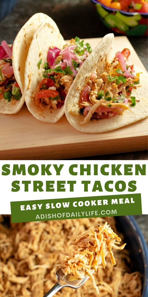 Slow Cooker Smoky Chicken Street Tacos Street Taco Chicken Slow Cooker, Chicken Tacos For A Crowd, Chicken Taco Crockpot, Chicken Thigh Tacos, Taco Bar Menu, Chicken Slowcooker, Chicken Street Tacos, Crockpot Chicken Tacos, Crockpot Mexican