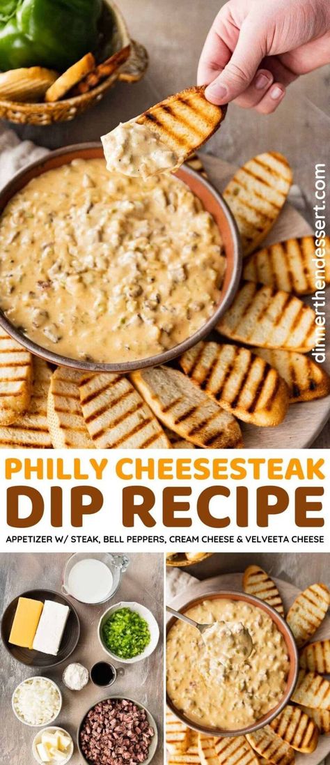 Philly Cheesesteak Dip Recipes, Steak Cheese Dip, Appetizers With Velveeta Cheese, Velveeta And Cream Cheese Dip, Philly Cheese Steak Dip Crock Pot, Cheesesteak Dip Crockpot, Philly Cheesesteak Dip Crockpot, Philly Steak Dip, Philly Cheese Dip