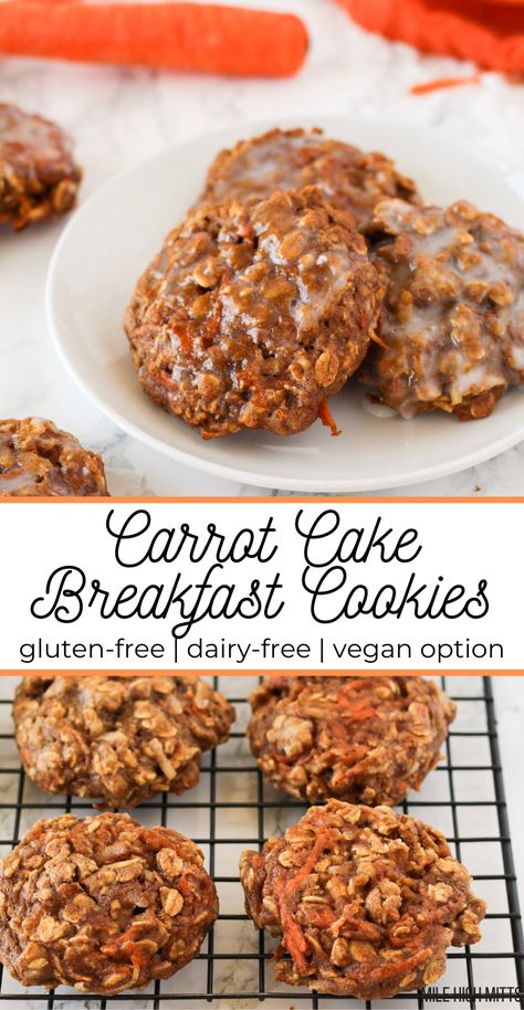 These Carrot Cake Breakfast Cookies are a healthy, hearty and easy way to start the day. They're made with oats, shredded carrots, walnuts, coconut, applesauce, spices, and a little honey. Top them with a light, simple glaze for a fun Spring breakfast treat that kids will love! Carrot Cake Breakfast Cookies, Low Carb Vegan Breakfast, Carrot Cake Breakfast, Cake Coconut, Cake Breakfast, Breakfast Cookie, Breakfast Cookie Recipe, Breakfast Cookies Healthy, Healthy Carrot Cakes