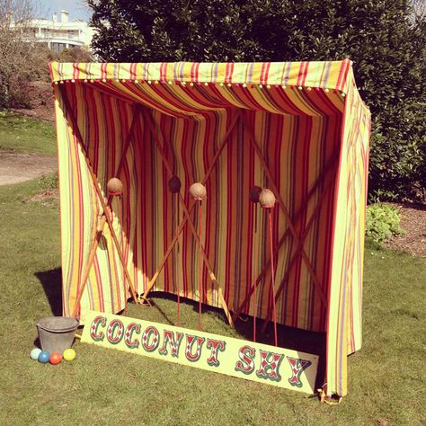 Coconut shy hire from www.propfactory.co.uk/listing Coconut Shy, Fun Fair Wedding, Coconut Stand, Guest Entertainment, Fete Ideas, Diy Events, Village Fete, Seaside Theme, Circus Wedding