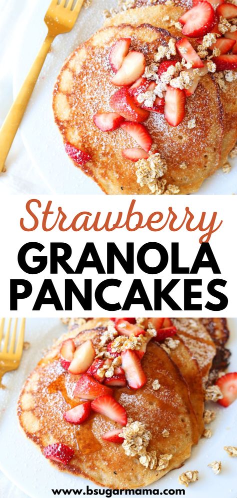 Granola Pancakes Recipe, Brown Sugar Pancake Recipe, Granola Pancakes, Cherry Granola, Strawberry Granola, Strawberry Pancakes, Dessert For Breakfast, Oatmeal Pancakes, Weekend Meals