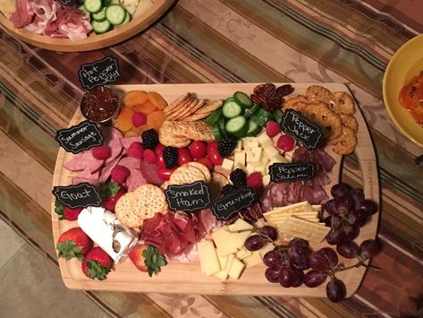 Charcuterie board with chalkboard signs :) Chalkboard Signs, Charcuterie Board, Cheese Board, Chalkboard, Cheese, Signs