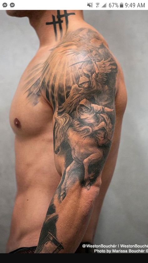 Chest And Upper Arm Tattoo, Arm Sleeve Realism, Shoulder Tattoo Men Greek Mythology, Roman Shoulder Tattoo, Tattoo On Traps Muscle, Arm Chest Tattoo Men, Realism Shoulder Tattoo, Angel Shoulder Tattoo Men, Upper Shoulder Tattoo Men